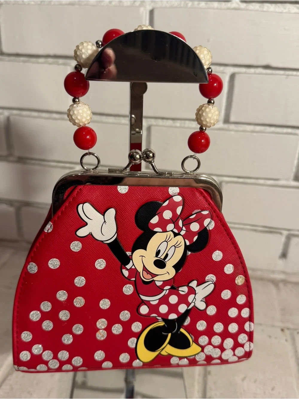 Vintage Disney Minnie Mouse Handbag Chunky Beaded Handle Red Polka Dot Bow Clasp